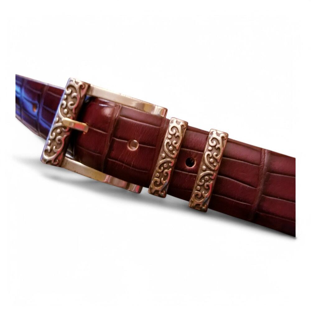 Enmon Italian Calfskin Women's Belt Brown Embossed 9832 Silver Buckle - Size S